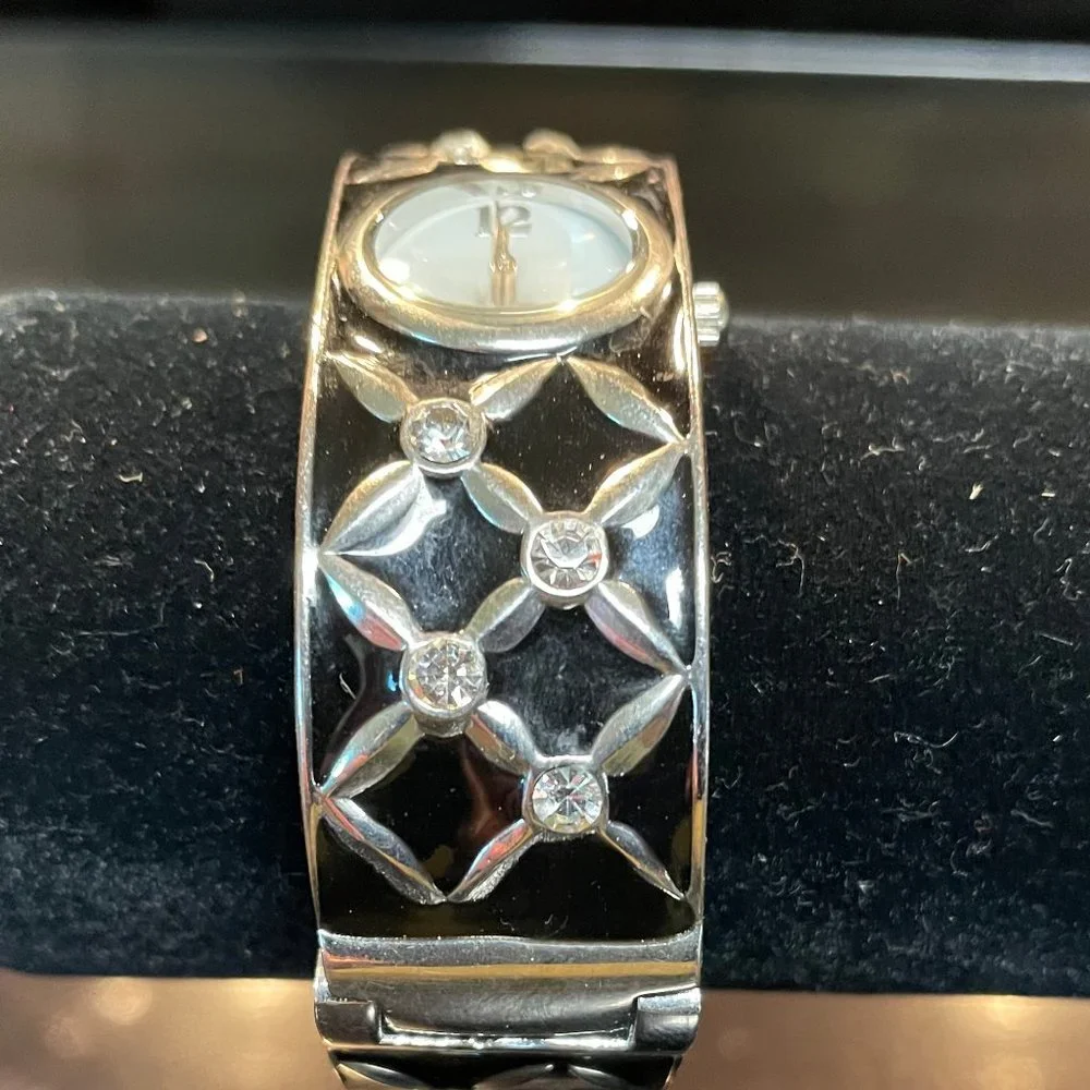 VTG Black and silver cuff bracelet watch with rhinestone accents
